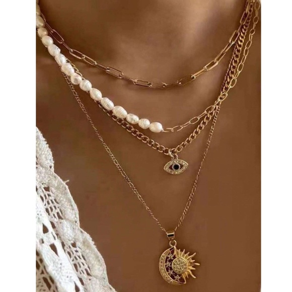 BellanBlue Jewelry - Boho Gold Tone Evil Eye Moon Multilayer Necklace